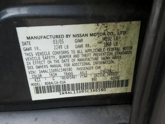 1N4AL11D95C346580 - 2005 NISSAN ALTIMA S GRAY photo 10