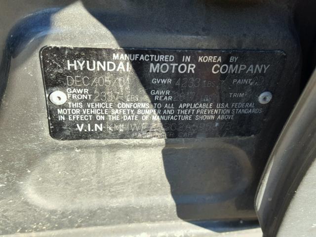 KMHWF25S02A595875 - 2002 HYUNDAI SONATA GL GRAY photo 10