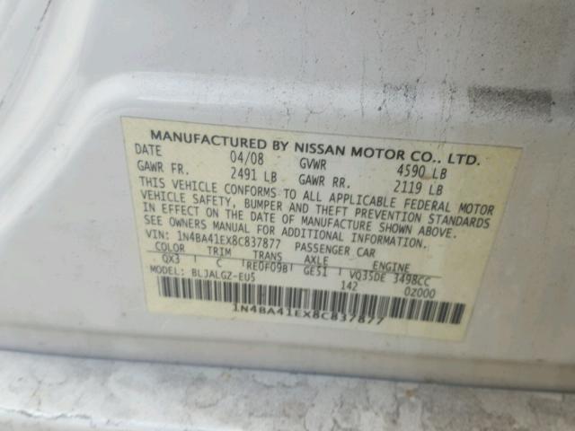 1N4BA41EX8C837877 - 2008 NISSAN MAXIMA SE WHITE photo 10