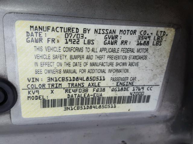 3N1CB51D84L850511 - 2004 NISSAN SENTRA 1.8 SILVER photo 10