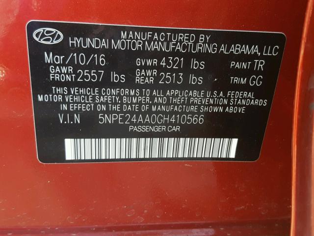 5NPE24AA0GH410566 - 2016 HYUNDAI SONATA ECO RED photo 10