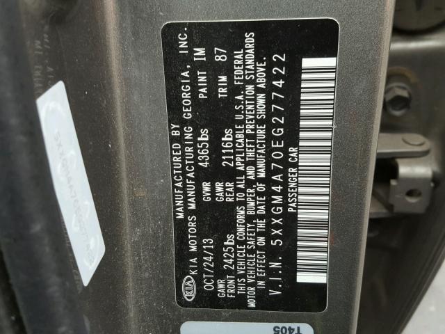 5XXGM4A70EG277422 - 2014 KIA OPTIMA LX GRAY photo 10