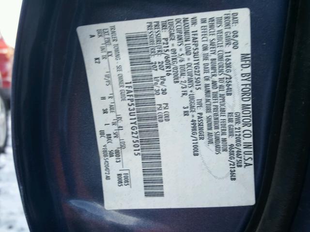 1FAFP53U1YG275015 - 2000 FORD TAURUS SE BLUE photo 10