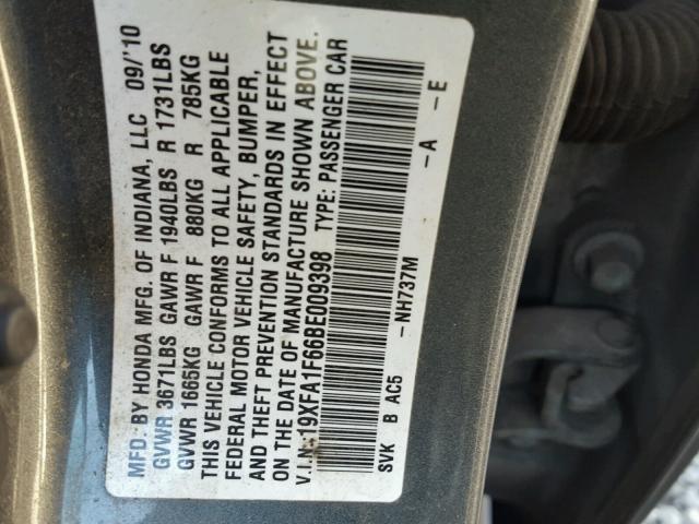 19XFA1F66BE009398 - 2011 HONDA CIVIC LX-S Մոխրագույն լուսանկար 10