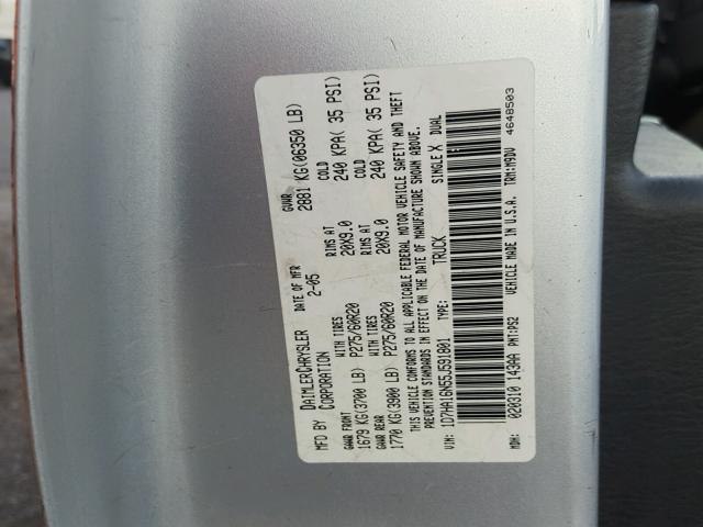 1D7HA16N55J591801 - 2005 DODGE RAM 1500 S SILVER photo 10