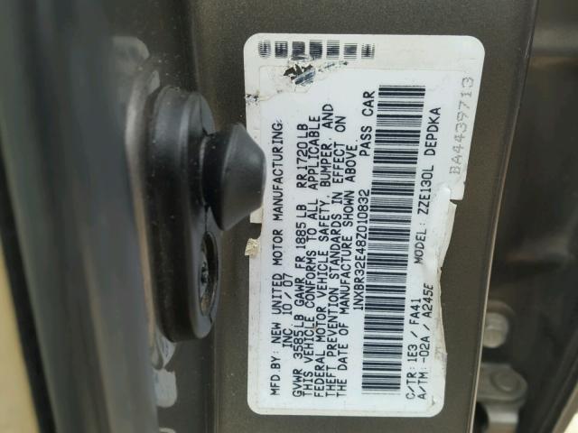 1NXBR32E48Z010832 - 2008 TOYOTA COROLLA CE GRAY photo 10