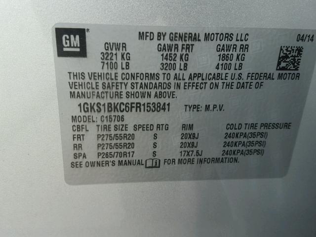 1GKS1BKC6FR153841 - 2015 GMC YUKON SLT SILVER photo 10