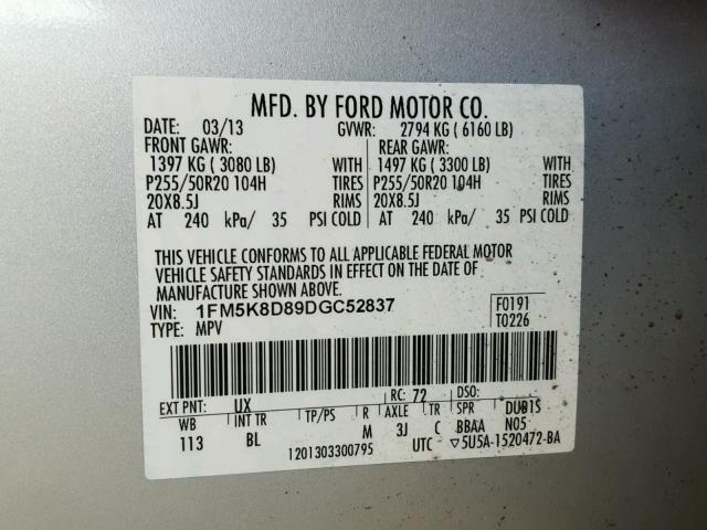 1FM5K8D89DGC52837 - 2013 FORD EXPLORER X SILVER photo 10