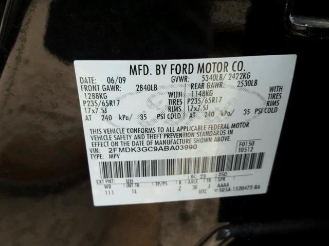 2FMDK3GC9ABA03990 - 2010 FORD EDGE SE BLACK photo 10