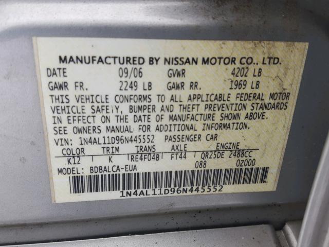 1N4AL11D96N445552 - 2006 NISSAN ALTIMA S SILVER photo 10