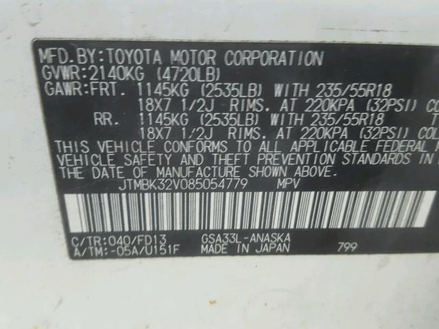 JTMBK32V085054779 - 2008 TOYOTA RAV4 SPORT WHITE photo 10