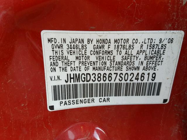 JHMGD38667S024619 - 2007 HONDA FIT S 红色 照片 10