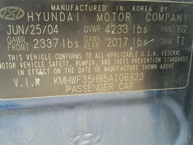 KMHWF35H95A106923 - 2005 HYUNDAI SONATA GLS BLUE photo 10