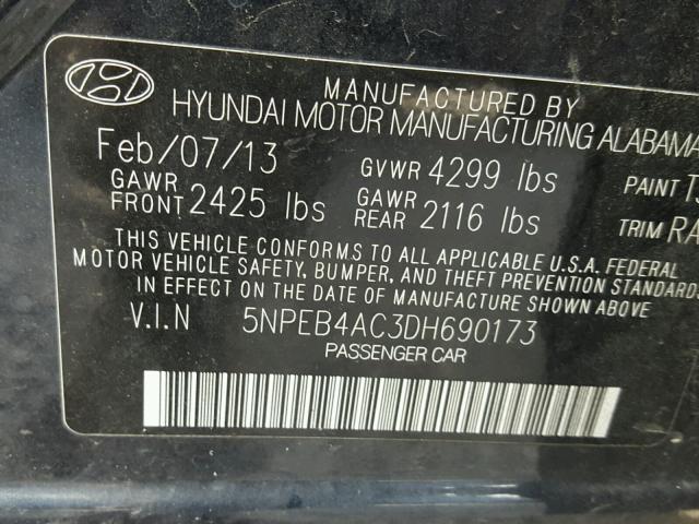 5NPEB4AC3DH690173 - 2013 HYUNDAI SONATA GLS BLACK photo 10