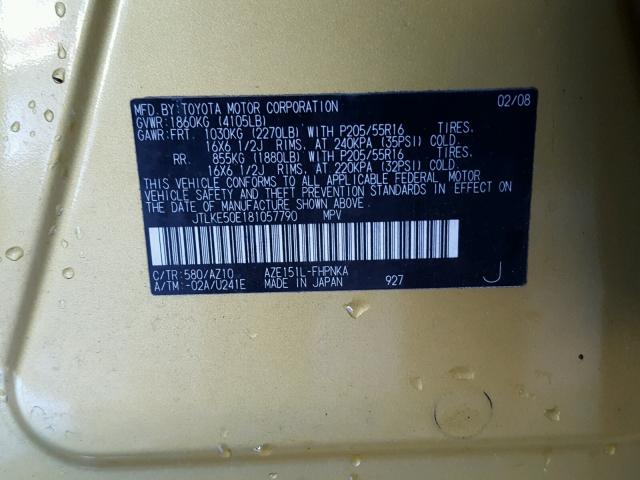 JTLKE50E181057790 - 2008 TOYOTA SCION XB GOLD photo 10