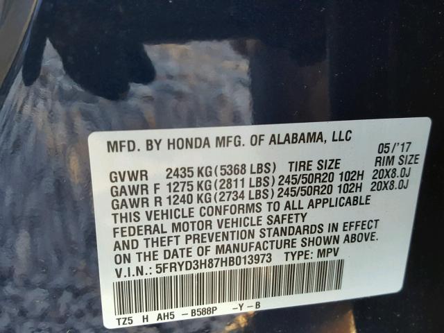 5FRYD3H87HB013973 - 2017 ACURA MDX ADVANC BLUE photo 10