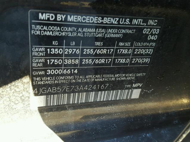 4JGAB57E73A424167 - 2003 MERCEDES-BENZ ML 350 BLACK photo 10