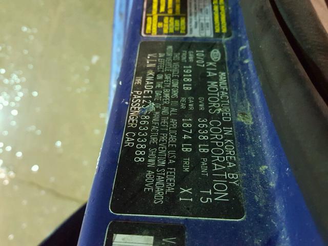 KNADE123686333888 - 2008 KIA RIO BASE BLUE photo 10