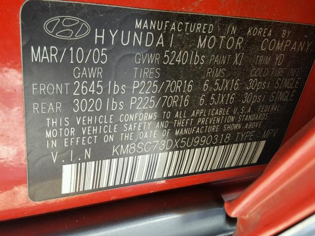 KM8SC73DX5U990318 - 2005 HYUNDAI SANTA FE G RED photo 10