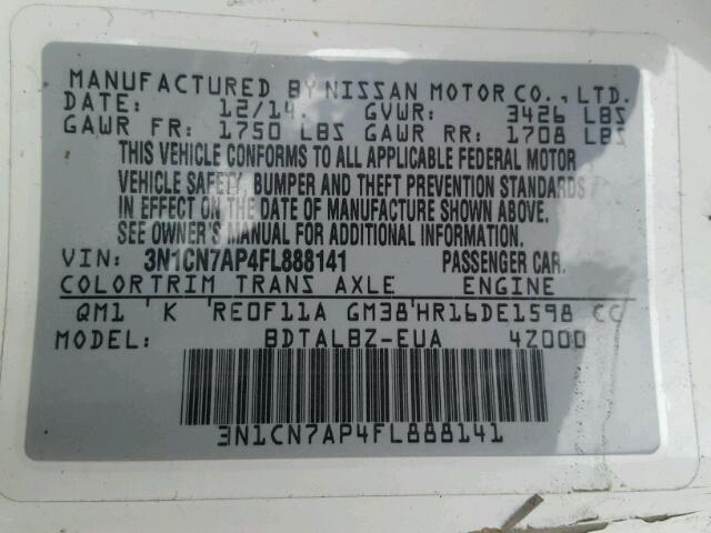 3N1CN7AP4FL888141 - 2015 NISSAN VERSA S WHITE photo 10