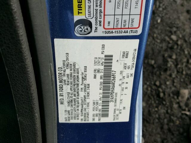 3FAHP0HA6AR266917 - 2010 FORD FUSION SE BLUE photo 10