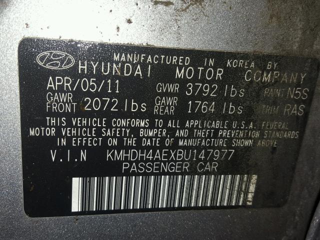 KMHDH4AEXBU147977 - 2011 HYUNDAI ELANTRA GL GRAY photo 10