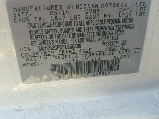 3N1CE2CP5FL355408 - 2015 NISSAN VERSA NOTE WHITE photo 10