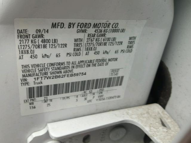 1FT7W2B62FEB59754 - 2015 FORD F250 SUPER WHITE photo 10