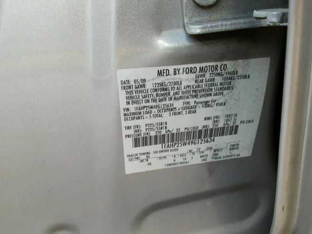 1FAHP25W49G125634 - 2009 FORD TAURUS LIM SILVER photo 10