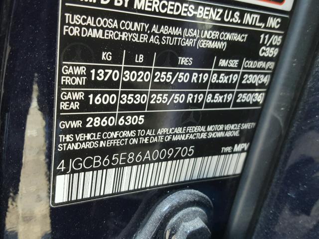 4JGCB65E86A009705 - 2006 MERCEDES-BENZ R 350 BLUE photo 10