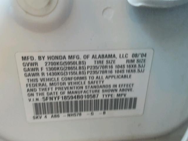 5FNYF18594B010587 - 2004 HONDA PILOT EXL WHITE photo 10