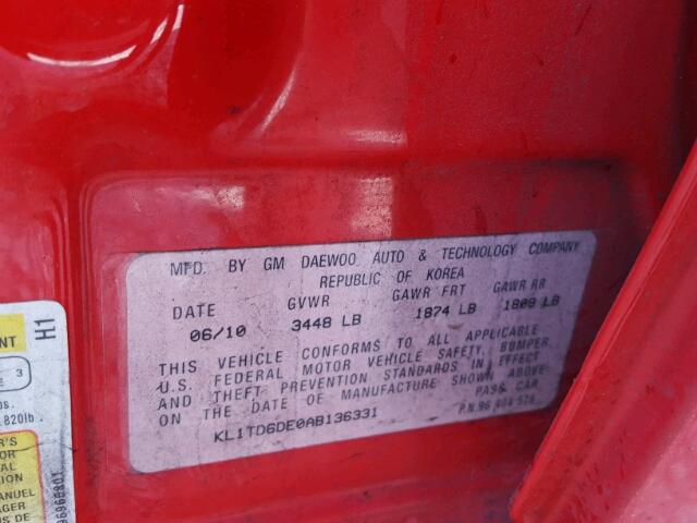 KL1TD6DE0AB136331 - 2010 CHEVROLET AVEO LS RED photo 10