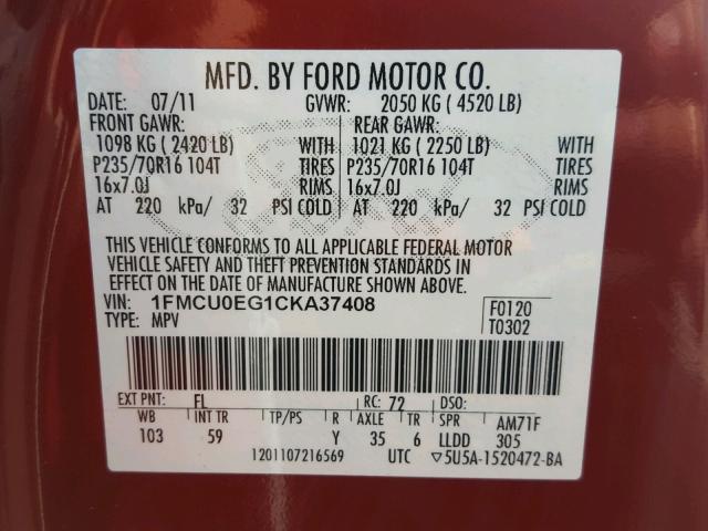 1FMCU0EG1CKA37408 - 2012 FORD ESCAPE LIM RED photo 10