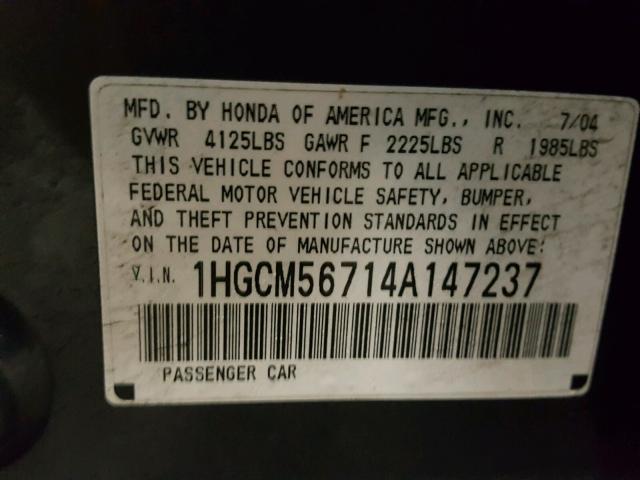 1HGCM56714A147237 - 2004 HONDA ACCORD EX GRAY photo 10