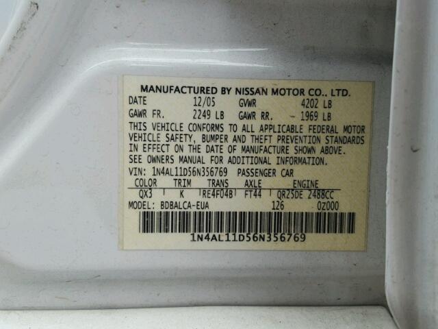 1N4AL11D56N356769 - 2006 NISSAN ALTIMA S WHITE photo 10