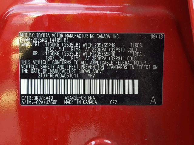 2T3YFREV0DW051011 - 2013 TOYOTA RAV4 LIMIT RED photo 10