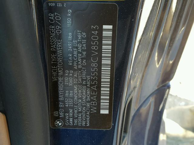 WBAEA53558CV85043 - 2008 BMW 650 I BLUE photo 10