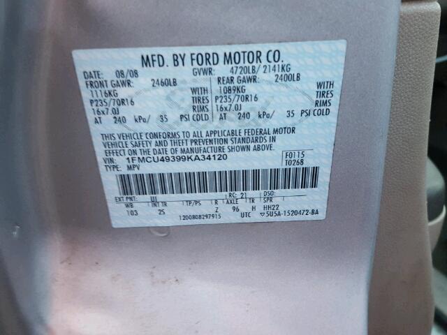 1FMCU49399KA34120 - 2009 FORD ESCAPE HYB GRAY photo 10