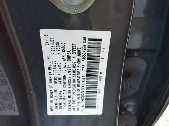 1HGCR2F83FA174581 - 2015 HONDA ACCORD EXL GRAY photo 10