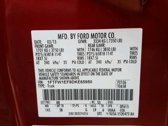 1FTFW1EF9DKE65950 - 2013 FORD F150 SUPER RED photo 10