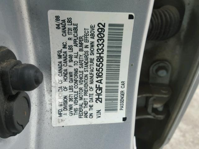 2HGFA16558H333092 - 2008 HONDA CIVIC LX SILVER photo 10