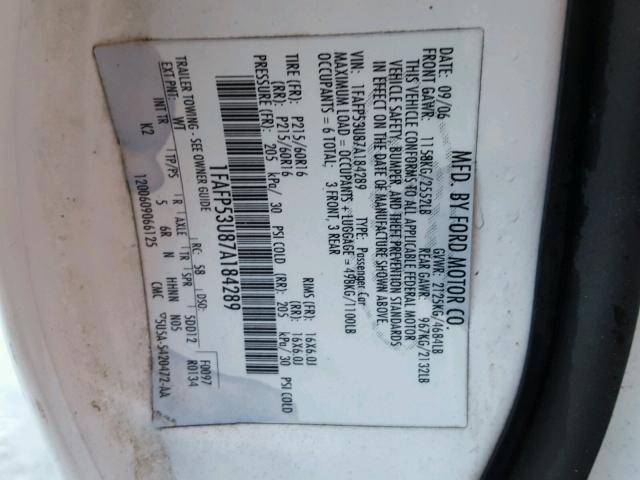 1FAFP53U87A184289 - 2007 FORD TAURUS SE WHITE photo 10