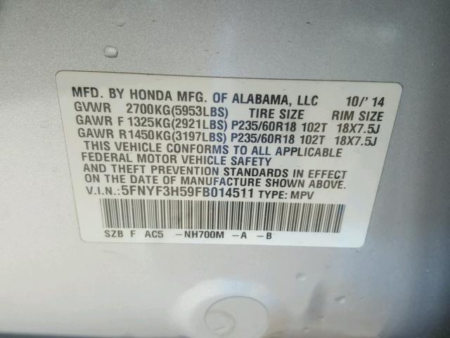 5FNYF3H59FB014511 - 2015 HONDA PILOT EXL SILVER photo 10