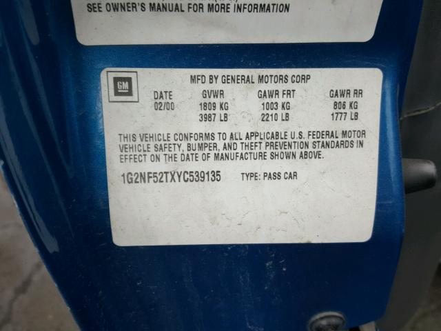 1G2NF52TXYC539135 - 2000 PONTIAC GRAND AM S 蓝色 照片 10