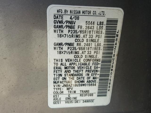 JN8AZ18U39W015694 - 2009 NISSAN MURANO S GRAY photo 10