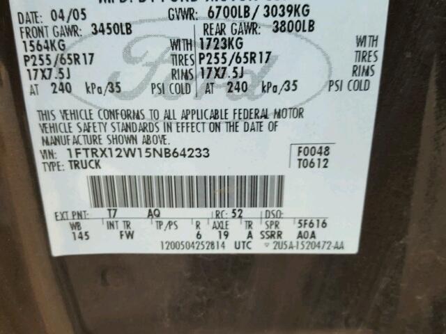 1FTRX12W15NB64233 - 2005 FORD F150 GRAY photo 10