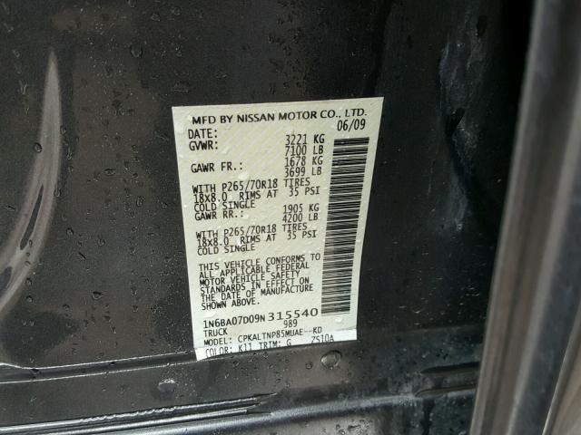 1N6BA07D09N315540 - 2009 NISSAN TITAN XE CHARCOAL photo 10