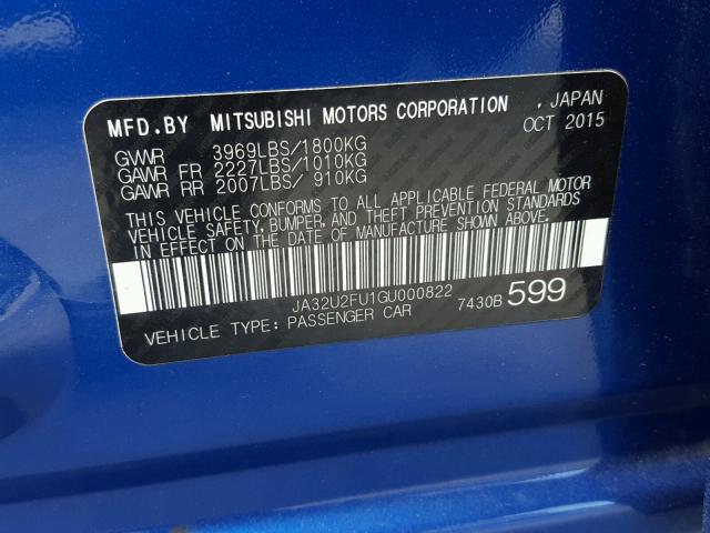 JA32U2FU1GU000822 - 2016 MITSUBISHI LANCER ES BLUE photo 10