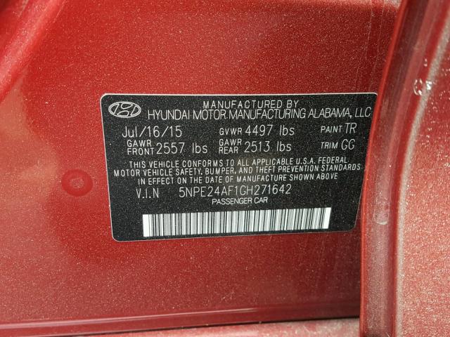 5NPE24AF1GH271642 - 2016 HYUNDAI SONATA SE RED photo 10