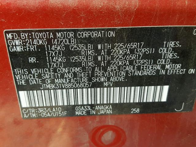 JTMBK31V885068057 - 2008 TOYOTA RAV4 LIMIT RED photo 10